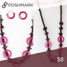 Fiji Foxtrot Pink Wooden Necklace Earring Set Necklace Earring Set Wooden Necklace Earring Set