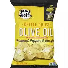 Made from organic potatoes and flavored with genuine food ingredients, every chip is truly delicious. Good Health Kettle Chips Olive Oil Cracked Pepper Sea Salt Gluten Free G F Casey S Foods