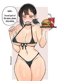 kuromaruart, higashiyama kobeni, chainsaw man, thighs together, highres,  1girl, apron, areola slip, bikini, black bikini, black hair, blush, bow,  breasts, burger, closed eyes, cowboy shot, embarrassed, english text, hair  ornament, hairclip, holding,