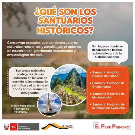 ?Los Santuarios Históricos conservan de forma intangible lugares o  paisajes que fueron escenario de importantes acontecimientos históricos.  ?En el Perú existen 4 Santuarios Históricos que abarcan 41,279.38  hectáreas del territorio nacional. Conoce