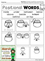 Positional Words First Grade St Patrick S Day Themed Printables Kindergarten Worksheets Sight Words First Grade Preschool Worksheets