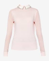 Embellished Collar Silk Blend Sweater Pink Sweaters Ted Baker Embellished Sweaters Pink Long Sleeve Tops Embellished Shirt