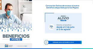 Las solicitudes para el bono de alivio se pueden realizar desde el 2 de julio hasta el 2 de agosto de 2021, por una sola vez, en el sitio web del servicio de impuestos internos (sii).una vez ingresada la solicitud, y luego de ser aprobada, el pago se realizará en un plazo máximo de 20 días. Sii On Twitter Bono Alivio Mypes Ya Esta Disponible Este Beneficio Destinado A Apoyar A Las Micro Y Pequenas Empresas Mas Informacion En Https T Co Bgtwxji04e Https T Co Wc0xr209sp