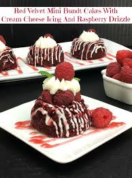 The trick to creating looping swirls is to gently layer the batter around the bundt pan with a small cookie scoop. Red Velvet Mini Bundt Cakes With Cream Cheese Icing And Raspberry Drizzle Mom Knows It All From Val S Kitchen