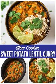 Easy Healthy Slow Cooker Red Lentil Curry With Sweet Potatoes And Coconut Milk Creamy Del Slow Cooker Curry Vegetarian Slow Cooker Recipes Vegan Slow Cooker