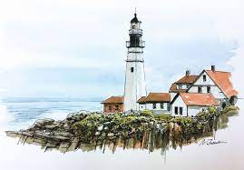 Pen And Ink With Watercolor Line And Wash Lighthouse