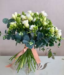 Stunning And Elegant Hand Tied White Freesia And Eucalyptus Bouquet Freesia Bouquet Eucalyptus Bouquet Freesia