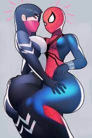 2girls big butt black hair cindy moon grey background huge ass  marvel mayday parker postblue98 silk (marvel) spider-girl spider-man  (series) superheroine yuri 