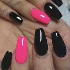 Pink And Black Acrylic Nail Designs Pink Black Glossy Coffin Nails In 2020 Pink Black Nails Black Acrylic Nails Valentines Nails