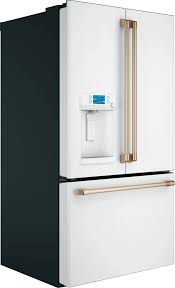 The only white fridge that sits flush with cabinets and has an internal water dispenser is a $10,000 viking fridge. Ge White And Gold Refrigerator French Door Refrigerator French Doors Kitchen Appliance Storage