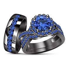 Black And Blue Wedding Ring Set 10k Black Gold Finish 925 Silver Trio Rings Set His And Her Rings Blue Sapphire Blue Rings Blue Sapphire Rings Trio Ring