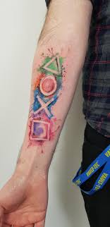 Playstation Paintsplash Tattoo By Kym Custom Inc In Glasgow Gaming Tattoo Gamer Tattoos Playstation Tattoo