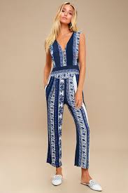All Shook Up Blue Print Sleeveless Jumpsuit Lulus Clothes Sleeveless Jumpsuits Fashion
