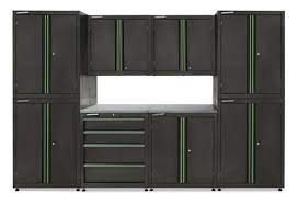 Performax® steel storage system from menards $695.00 | garage storage cabinets, storage, storage cabinets. Masterforce 122 W X 84 H X 24 D Gunmetal 8 Piece Garage Storage Cabinet System With Green Pulls At Menards