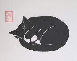 Black and white, looking at the camera. Peat Weasel Takes A Nap Black Cat Lino Print Cat Art Black Cat Tattoos Cat Illustration