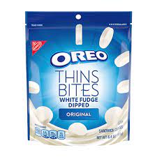 Oreo thins bites fudge dipped sandwich cookies, latte flavored creme. Thins Bites White Fudge Dipped Chocolate Sandwich Cookies Original Flavor