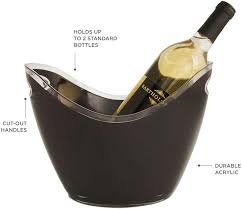 It will hold about 5 large trays of ice, and will keep cool longer than aby previous buckets i have owned, the tongs are to small for regular sized ice so i used my other tongs. True Modern Ice Bucket Holds 2 Wine Or Champagne Bottles 10 75 By 8 Black And Clear Kitchen Dining Amazon Com