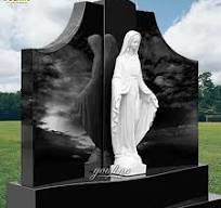 YOUFINE Hand Carved Black Granite Virgin Mary Tombstone for Outdoor Cemetery