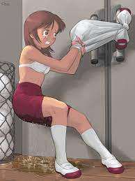 The Big ImageBoard (TBIB) - bdsm bondage bound bra brown eyes clenched  teeth female footwear full body gym uniform highres indoors lingerie long  hair omorashi peeing peeing self puddle red hair school