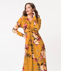 Retro Style Mustard Yellow Floral Print Long Sleeve Maxi Dress Unique Vintage Long Sleeve Maxi Dress Gorgeous Maxi Dresses Retro Fashion