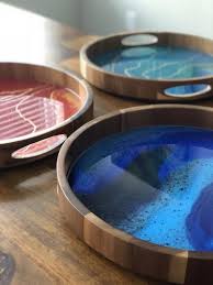 Acacia Wood Serving Tray Acrylic Pour Art Resin Coated And Etsy In 2020 Resin Diy Diy Resin Crafts Serving Tray Wood