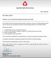 Say where and when you saw the advert and if there is a reference number, quote it. Is This Job Ad For A Swahili Speaking Doctor At Aga Khan Hospital Legitimate Piga Firimbi