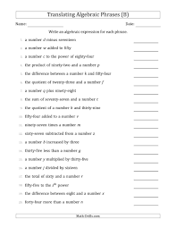 The Translating Algebraic Phrases Simple Version B Math Worksheet Translating Algebraic Expressions Writing Algebraic Expressions Algebraic Expressions