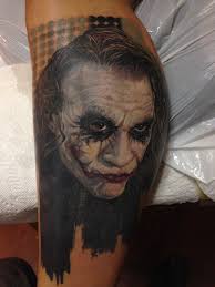 This Heath Ledger Joker Tattoo From The Dark Knight Movie Was Done By Jose Sandroz Of Magik 5 Tattoo Shop In Oaklan Joker Tattoo Comic Book Tattoo Comic Tattoo