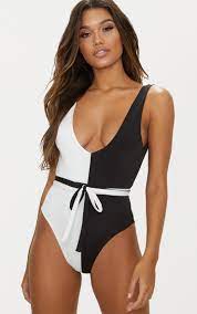 Black And White Contrast Tie Waist Swimsuit | PrettyLittleThing