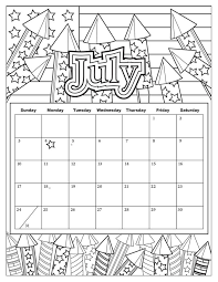 July Calendar With Fireworks Theme Coloring Page Coloring Calendar Summer Coloring Pages Printable Coloring Pages