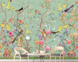 Greeting card with bird and floral on blue grunge. Shabby Customized Unique Wallpaper Removable Washable And Reusable Chinoiserie Wallpaper Vintage Bird Wallpaper Hand Painted Wallpaper