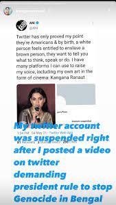 Kangana ranaut's account was suspended over a tweet where she allegedly incited violence. Wewelmaygcsbkm