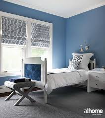 White and light blue stripes make a sophisticated and the most important aspect of a kids' room is the theme that you choose for it. Gray And Blue Boy Bedroom With Monogram Bedding Contemporary Boy S Room Boys Room Blue Blue Bedroom Walls Blue Boys Bedroom