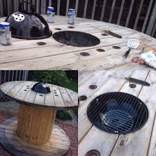 Upcycled Wire Reel Turned Into A Grill Table Spool Tables Wire Spool Tables Wood Spool