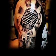 145 rockin music tattoos that will have you singing. 3d Realistic Black And White Vintage Microphone Tattoo On Shoulder Tattooimages Biz