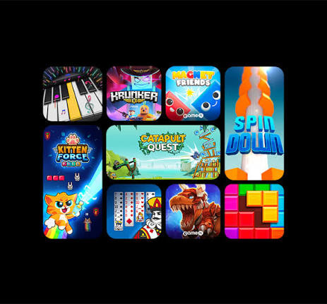An assortment of games available within the Gaming Hub is showcased. Games  like Kitten Force and Spin Down are in motion.
