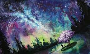 Zazac Namoo Watercolor Galaxy Couple Water Trees Shooting Star Cherry Blossom Tree Pine Art Paint Watercolor Galaxy Fantasy Art Landscapes Watercolor Paintings