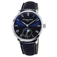 Try the business timer from frederique constant. Frederique Constant Slimline Moonphase Manufacture Fc 705nr4s6