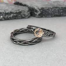 Round Peach Morganite Black Gold Celtic Wedding Ring Set Trinity Braided Celtic Engagemen Celtic Wedding Ring Sets Celtic Engagement Rings Celtic Wedding Rings