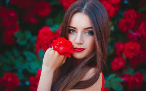 Isn't she the oops i am drinking and i am supposed to be clapping and now the camera is on me girl at the award show? Wallpaper Blue Eyes Girl Brown Hair Red Flowers 5120x2880 Uhd 5k Picture Image