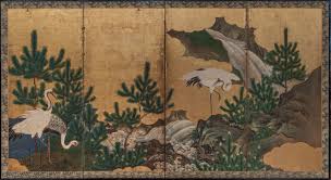 1960's 36 tall, 70 long. A Four Panel Screen With Cranes And Young Pines Giuseppe Piva Japanese Art