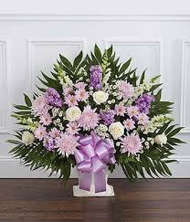 White flowers with pink complemen. Lavender White Sympathy Floor Basket At From You Flowers