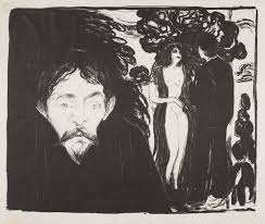 A man and a woman sit on a white sheet, in a surreal landscape of rocks in which you can distinguish parts of human faces. Death And The Maiden W 3 National Galleries Of Scotland