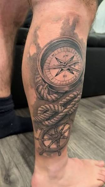 Mens Compass Leg Tattoo