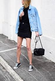 All Black And Blue Denim Jacket Skirt Tumblr Mini Skirt Black Skirt Denim Denim Skirt Sneakers Black Sneakers Converse Black Converse Bag Black Bag Top T Shirt Black T Shirt Den With Images Skirt And Sneakers Oversized Denim Jacket