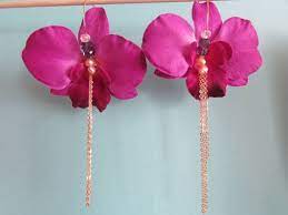 Large Purple Orchid Flower Earrings With Freshwater Pearl Beachyjewelry Floral Earrings Floral Jewelry Flow Flower Jewellery Floral Jewellery Purple Orchids
