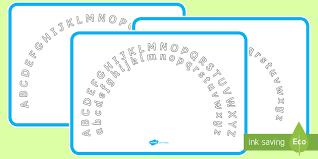 Pupil arranges the alphabet letters in a rainbow shape. Plain Alphabet Arc Upper And Lower Case