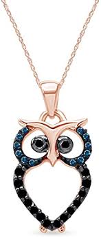 Helloice iced walking owl pendant in gold. Amazon Com Round Cut Blue Enhanced Black Natural Diamond Owl Pendant Necklace In 14k Rose Gold Over Sterling Silver 0 12 Cttw Jewelry
