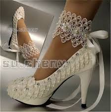Su Cheny Flats Lace Ribbon Ankle Pearls Wedding Bridal Pump Heels Shoes Size5 13 Ebay Bridal Pumps Pearl Wedding Shoes Wedding Shoes Pumps
