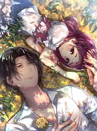 mady (madine08260), george kurai, nono hana, hugtto! precure, precure,  highres, 1boy, 1girl, black hair, blue skirt, closed mouth, collared shirt,  couple, day, dress shirt, flower, from above, hair ornament, holding,  holding flower,